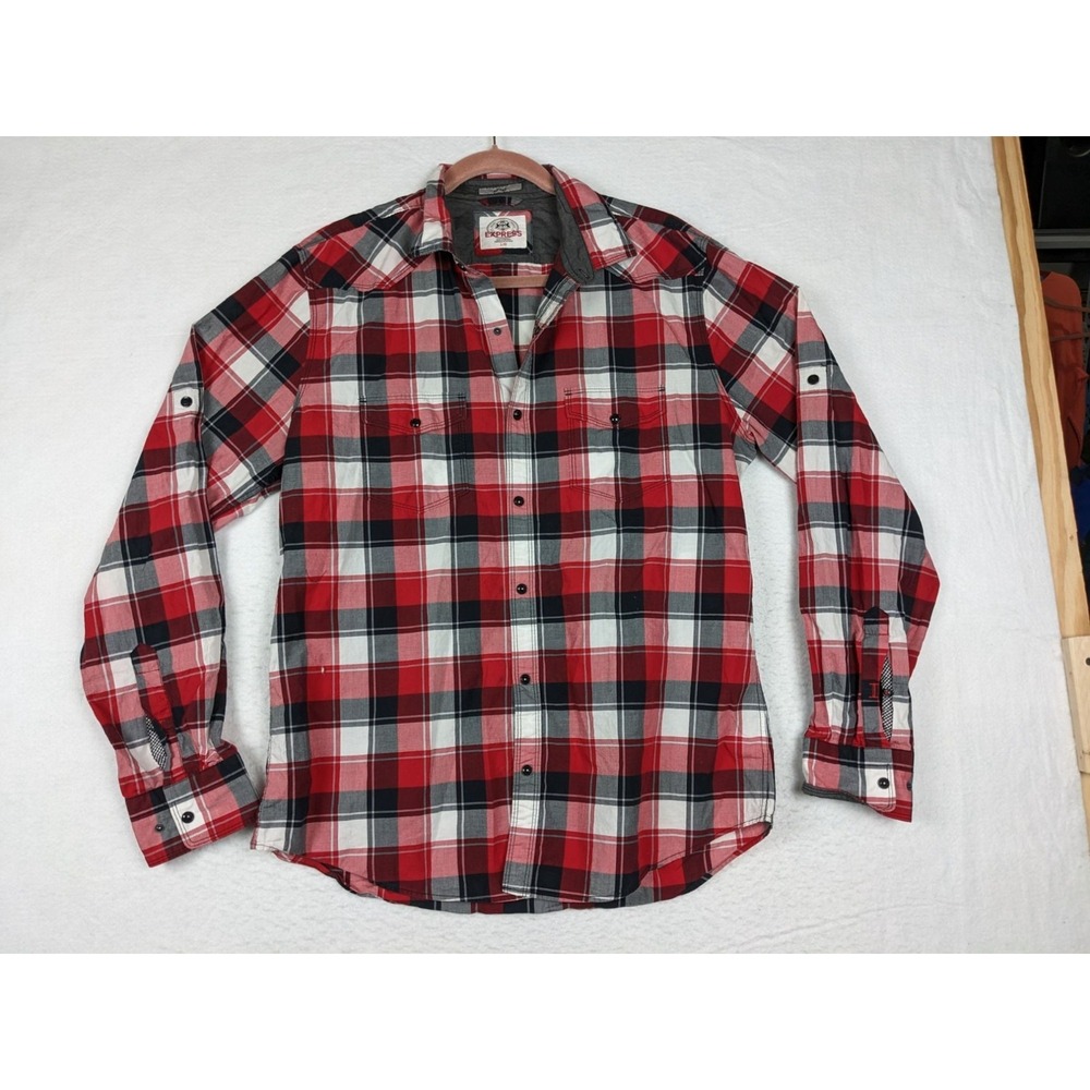 Express Mens Plaid Long Sleeve Shirt Fitted L Red Black White 100% Cotton